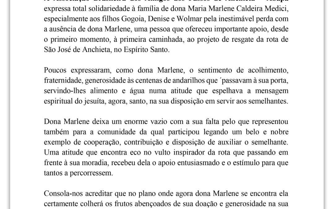 Nota de Pesar – Vovó Marlene Medici – Colaboradora dos Passos de Anchieta